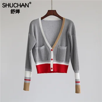 

Shuchan Fashion Korean Cute Sweater Women's Free Knitted Sweater Female Cardigan Fall V-Neck Patchwork Pockets Casual Tops