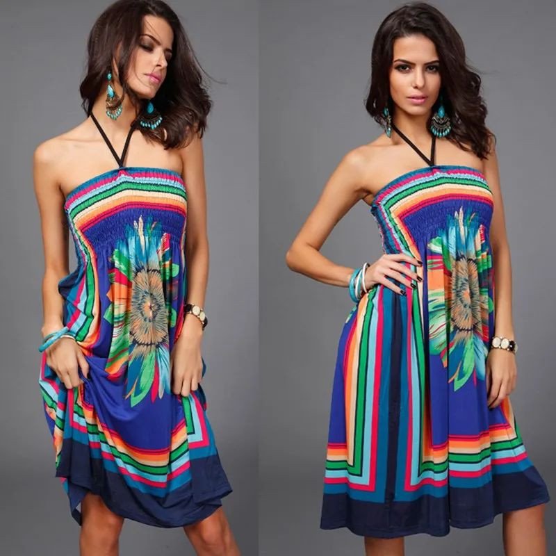 High Elasticity Beach Cover Up Halter Beach Dress robe de plage Blue