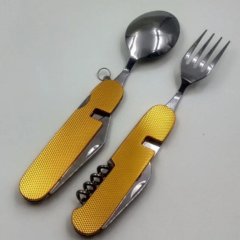 Outdoor Multi-Function Fork Knife Tableware Tools Stainless Steel Portable 4 in 1 Folding Fork Knife for Camping Picnic Travel