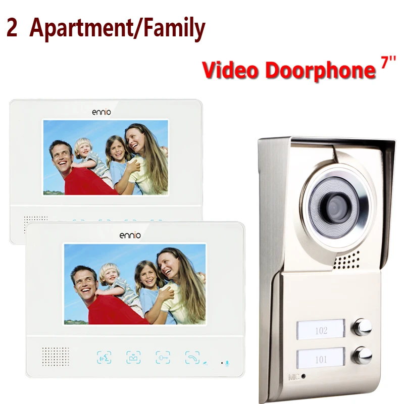ENNIO 2 квартиры/семья видео домофон системы 1 дверной Звонок камера с 2 кнопками 2 монитор водонепроницаемый