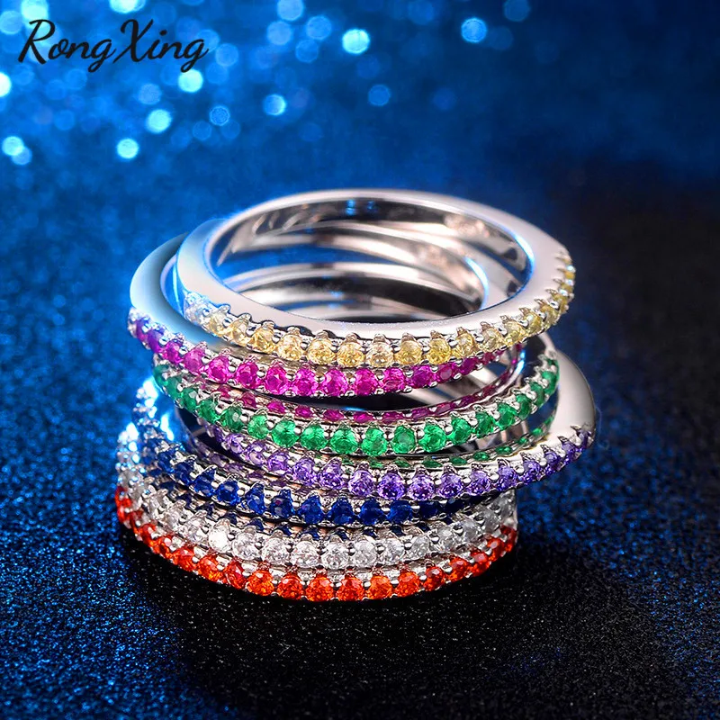

RongXing 8 Colors White/Green/Blue Stone Birthstone Rings For Women Single Row Round Zircon Midi Ring Silver Color Joint Jewelry