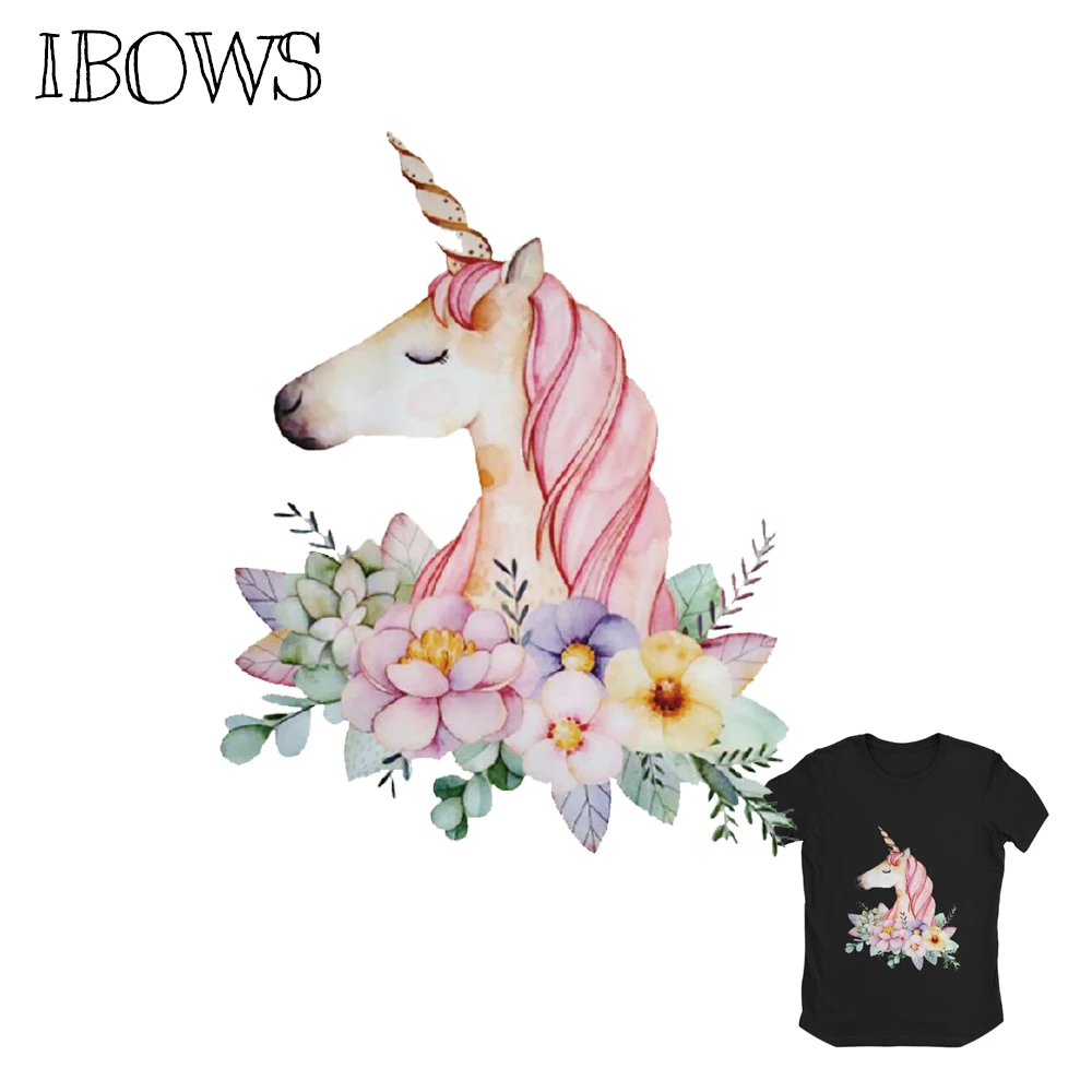 

IBOWS Heat Transfers PVC Patch Flowers Unicorn Stickers Washable Iron On Clothes Patches for DIY Printing T-shirt Bag Decoration