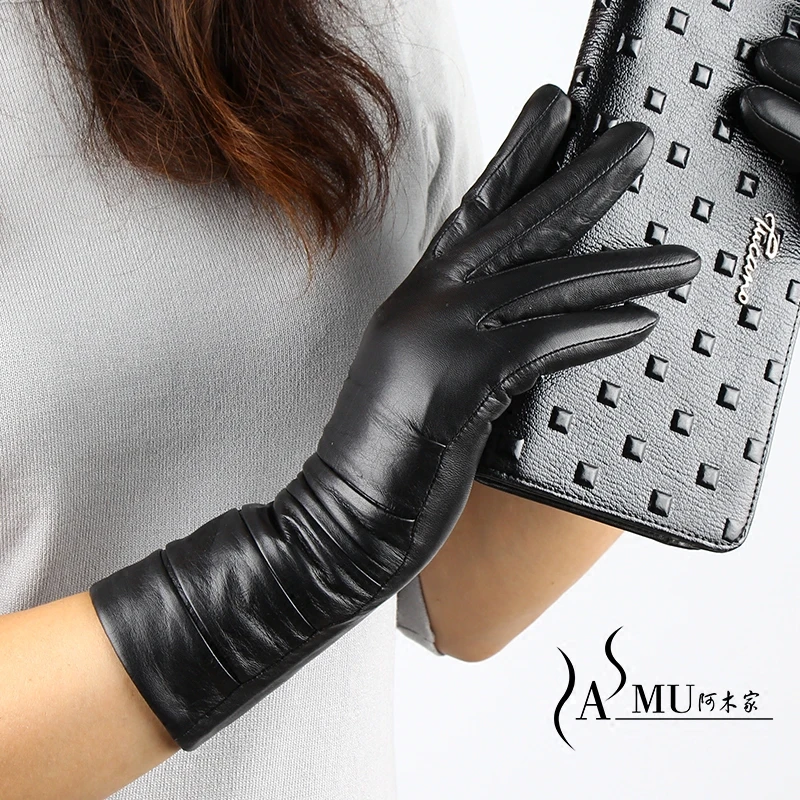 Women's sheepskin Leather Gloves Winter Warm Simple Mid length Plus