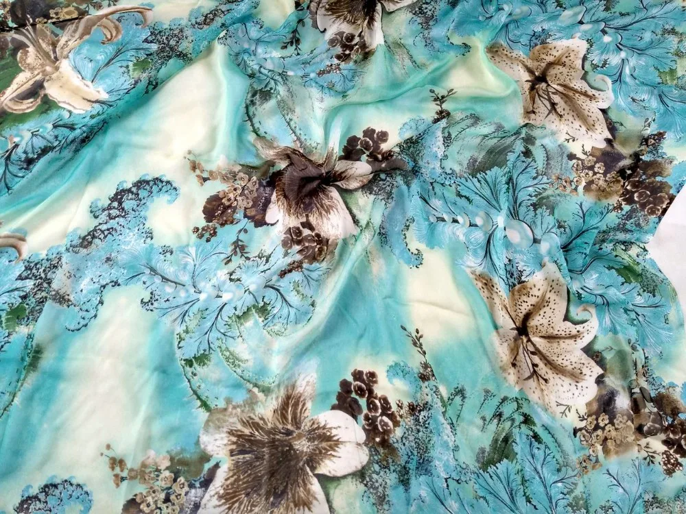 Telas чистый шелк тутового шелкопряда шифон Ткань небесно-голубые цветы Печать шелковый текстиль ткань женское платье шарф tissus метр