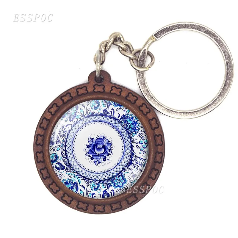 

Blue and White Porcelain Pattern Glass Cabochon Wooden Key Chain Vintage Chinese Style Art Flower Keychain Keyring