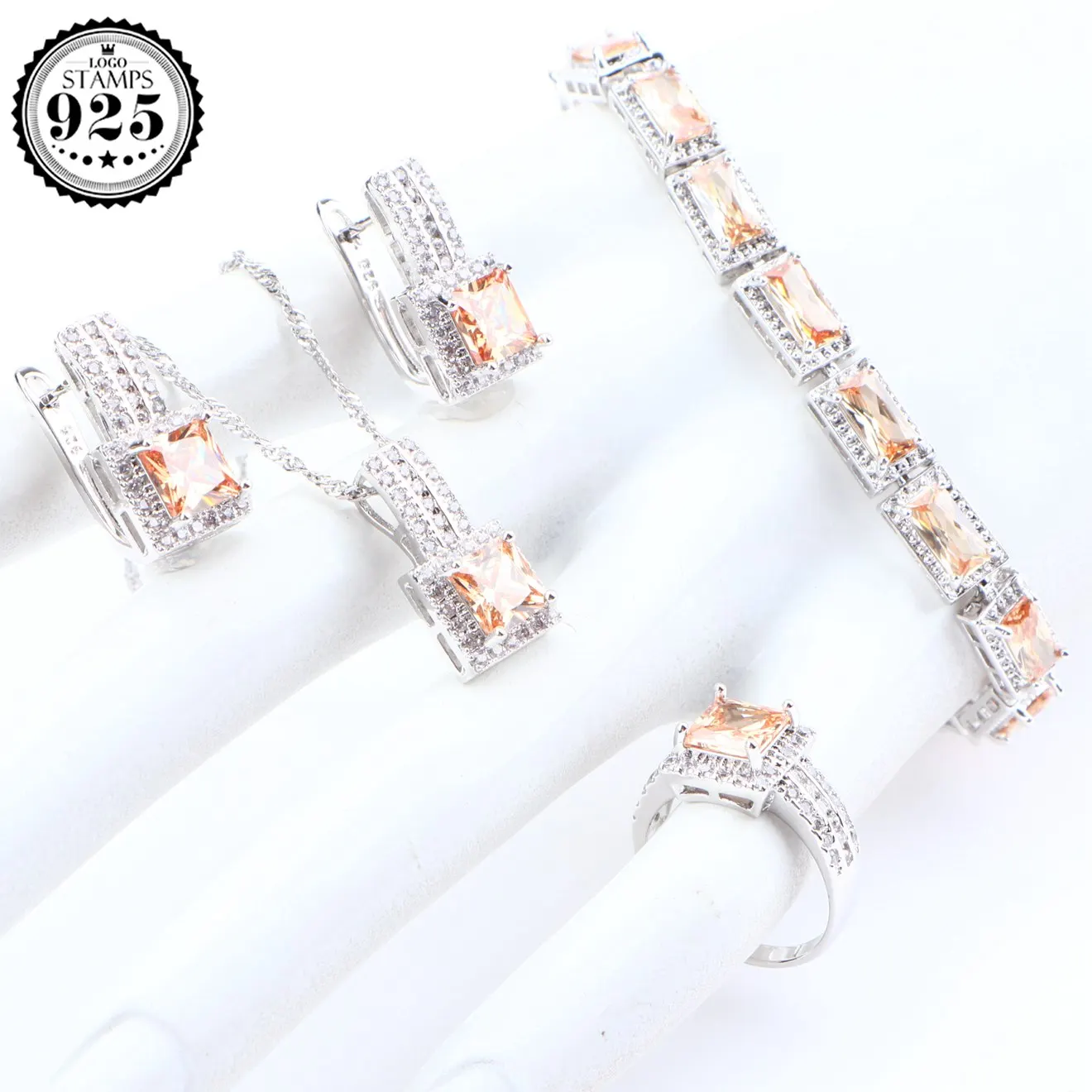 Кубический цирконий ювелирные наборы серебро 925 ювелирные изделия для женщин Свадебные серьги камень браслет кольцо ожерелье кулон набор подарочная коробка - Окраска металла: 4PCS