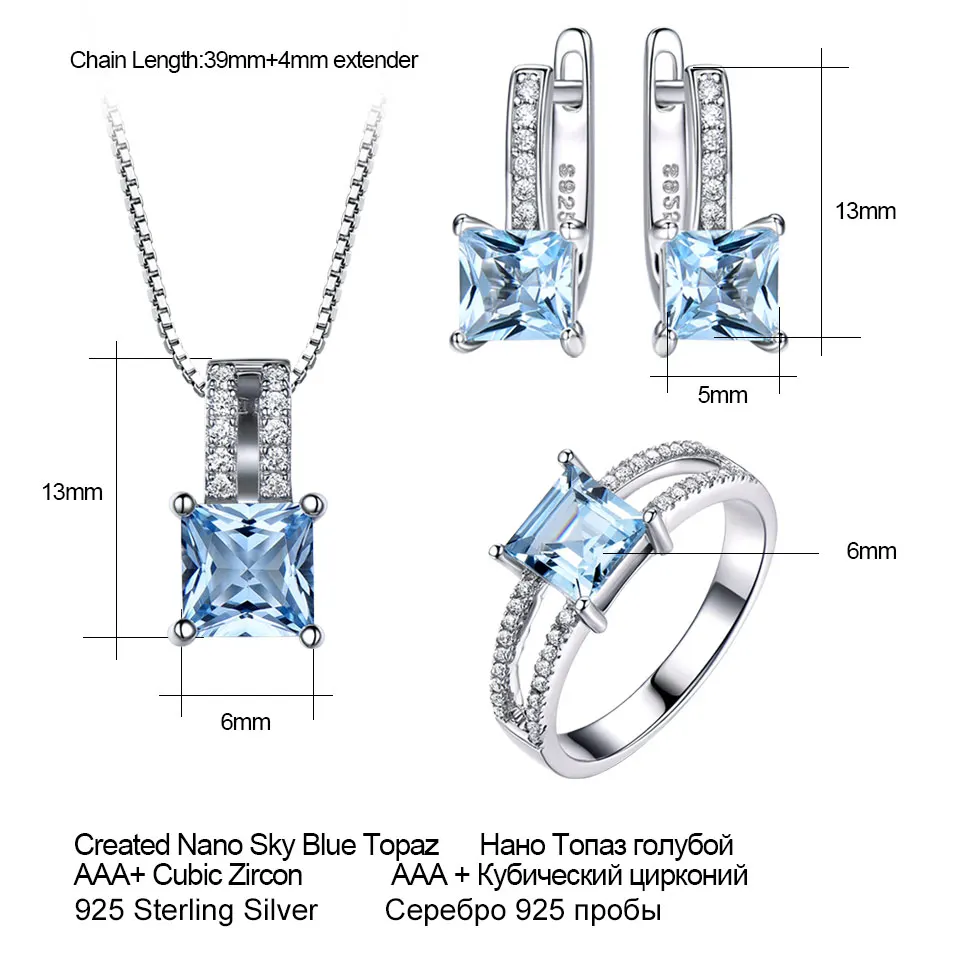 UMCHO 925 пробы комплект серебряных ювелирных изделий нано Аквамарин Небесно Голубой топаз кольцо кулон серьги-гвоздики ожерелье для женщин хорошее ювелирное изделие