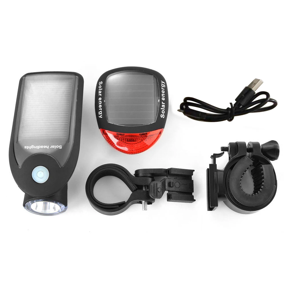 Top Solar Energy Rechargeable Bicycle LED Light Bike Warning Lamp Front and Rear Safety Flashlight Accessories Set 3