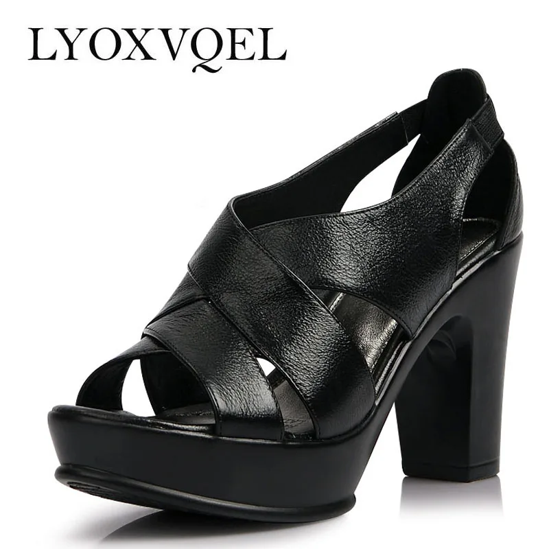 

Genuine leather thick high heels platform sandals Rome style black sandals for women size 34-40 C051