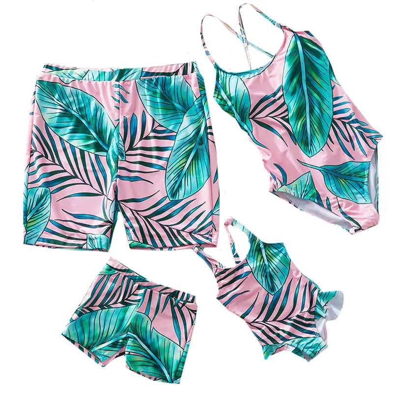 

Leaf Swimsuit Family Matching Outfits Look Mother Daughter Swimwear Mommy And Me Bikini Dress Clothes Father Son Swimming Shorts