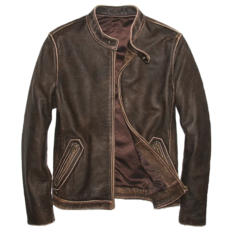 

HARLEY DAMSON Vintage Brown Men Short Biker's Leather Jacket Plus Size XXXXXL Genuine Thick Cowhide Slim Fit Leather Coat