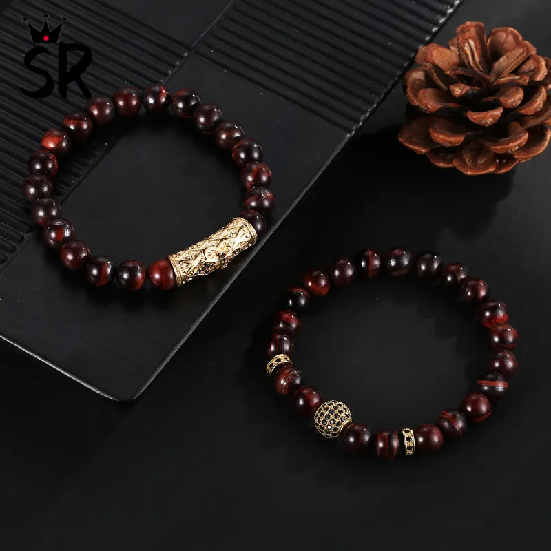

New 2pcs/Set Luxury Bracelet Jewelry Micro Pave Cubic Zircon Ball Natural Red Tiger Eye Stone Bracelets Men Women Charm Braided