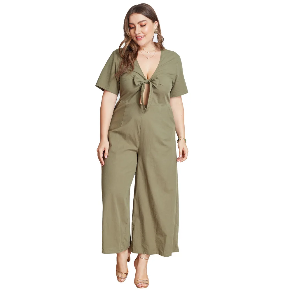 

Missufe Female Overalls Short Sleeve Sexy Bodysuits Women Solid Casual Loose Playsuit Romper Plus Size Bownot Wide Leg Jumpsuits