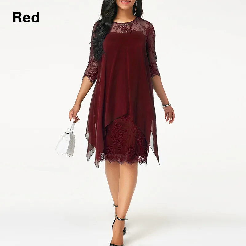 GUMNHU размера плюс, шифоновые платья для женщин, новая мода, шифоновое платье с рукавом три четверти, кружевное платье с неровным подолом - Цвет: Красный
