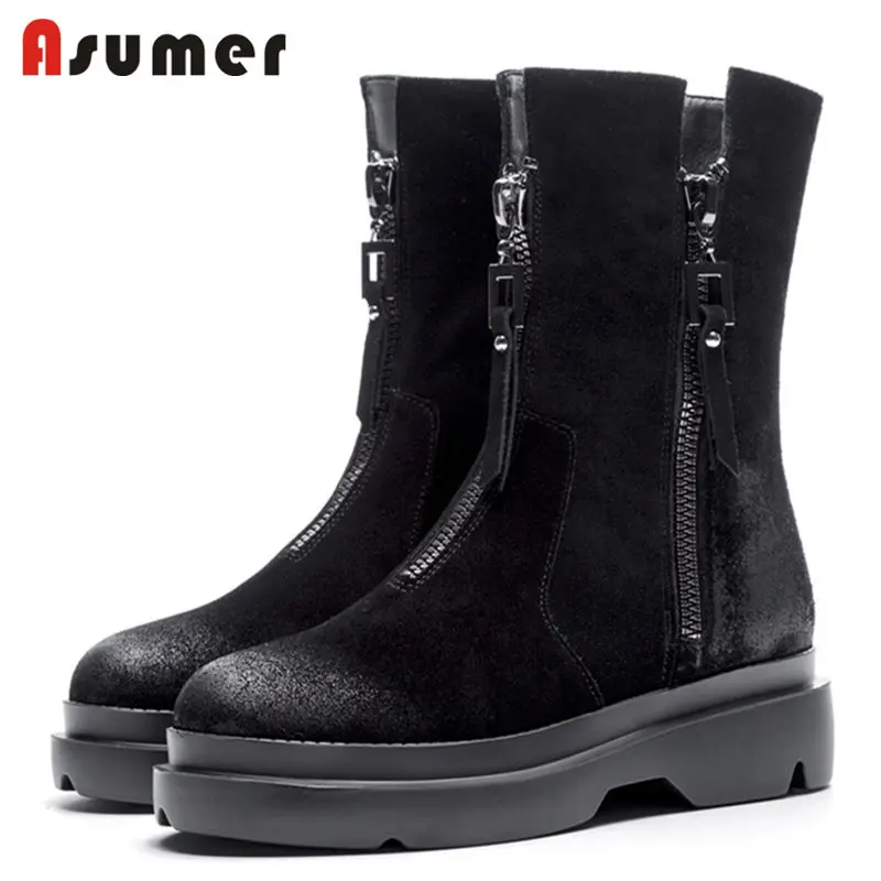 

ASUMER 2018 HOT fashion cow suede leather ankle boots women zipper round toe flat platform spring autumn boots