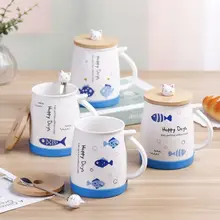 Мультяшная рыбка кружка с изображением кошачьей мордочки керамическая кофейная кружка милые чашки и кружки чайная чашка с ложкой парные чашки для дома посуда для напитков подарок оптом