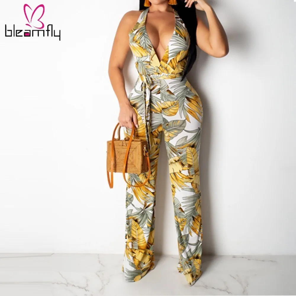 

Bohemian Printed Summer Jumpsuit Women Deep V Neck Sleeveless Full Length Boho Rompers Casual Sashes One Piece Wide Leg Overalls