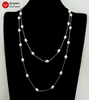

Qingmos Natural Pearl Necklace for Women with 6-7mm Black Rice Freshwater Pearl Float 46" Long Necklace Chain Fine Jewelry n6476