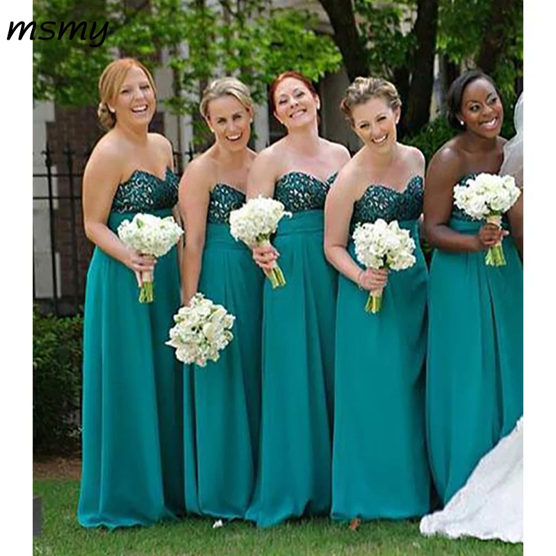 Новые Элегантные трапециевидные платья подружки невесты без рукавов Милая зеленая шифоновая дешевая Длинные свадебные платья с кружевом