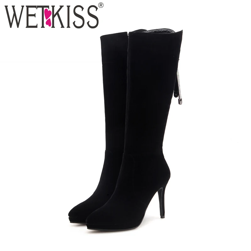 

WETKISS Flock Thin High Heels Platform Women Boots Pointed Toe Footwear Crystal Shoes Women 2018 Knee High Autumn Female Boot