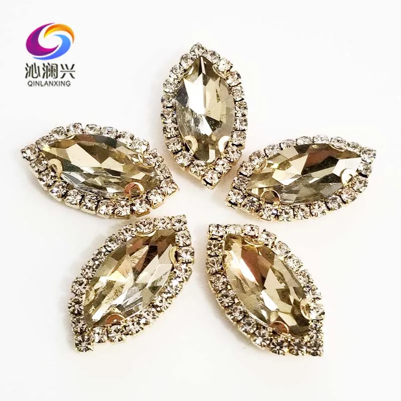 

Gold Bottom Light Coffee Top Grade Glass Crystal Buckle, Eye Shape Sew on Rhinestones with Holes,Diy/jewelry Accessories SWEKG04