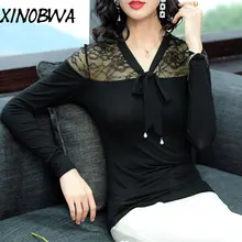 Европа Новинка Осенняя женская уличная модная кружевная Лоскутная футболка с длинным рукавом, Сексуальная футболка с v-образным вырезом и бантом женская рубашка оверсайз