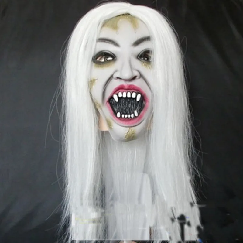 Scary Latex Soft Halloween Mask Horrible Toothy White Long Hair Ghost Face Devil Skull Adult Party Prop Costume Cosplay Decor