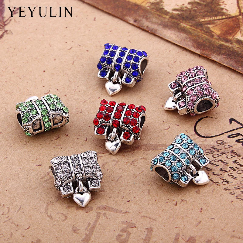 

Trendy Mini Cute Full Colorful Rhinestone Hand Bag Shape Big Hole Beads Alloy Heart Charm Loose Beads For Jewelry Accessories