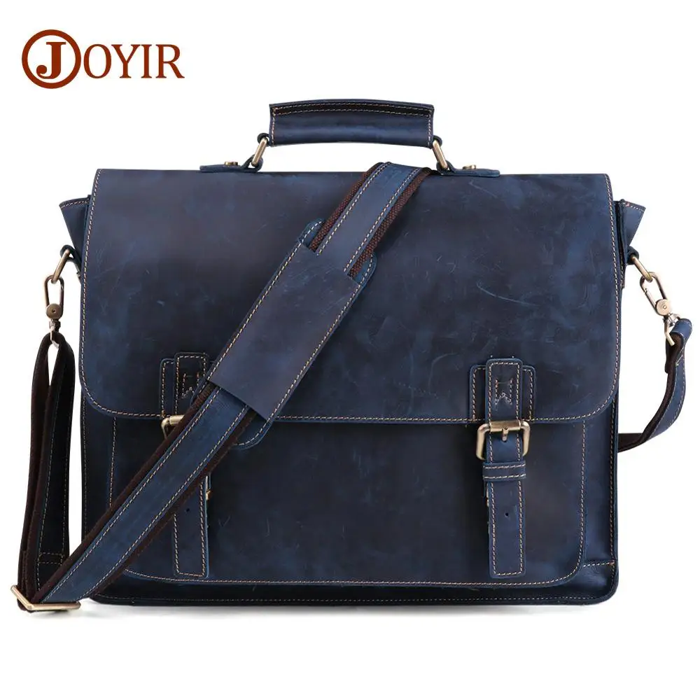 JOYIR Crazy Horse Genuine Leather Men Briefcase Casual Messenger Laptop Bag Business Men Briefcase Bag for Document Shoulder Bag - Цвет: Blue