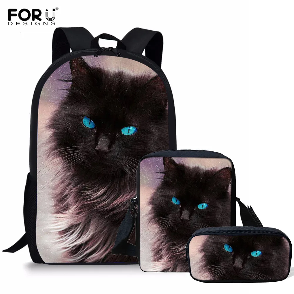 FORUDESIGNS школьный рюкзак набор длинный Haired Black Cat с голубыми глазами для девочек