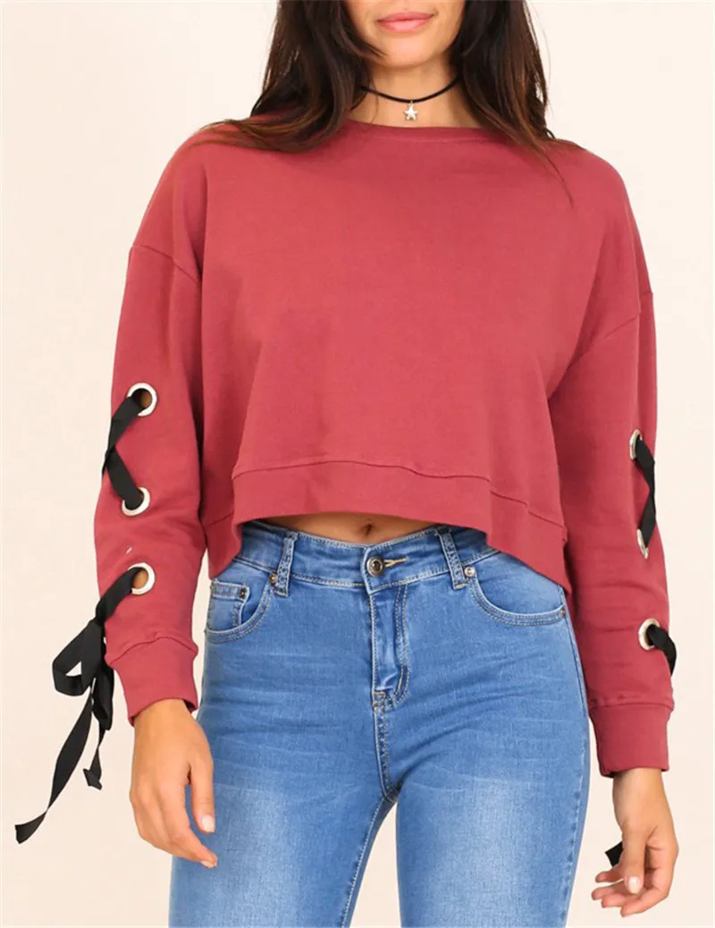 Gladiolus Fashion 2018 Autumn Sweatshirt Women Lace Up Long Sleeve Pink Sexy Crop Top Loose Pullover Hoodie Women Tracksuit Tops (17)