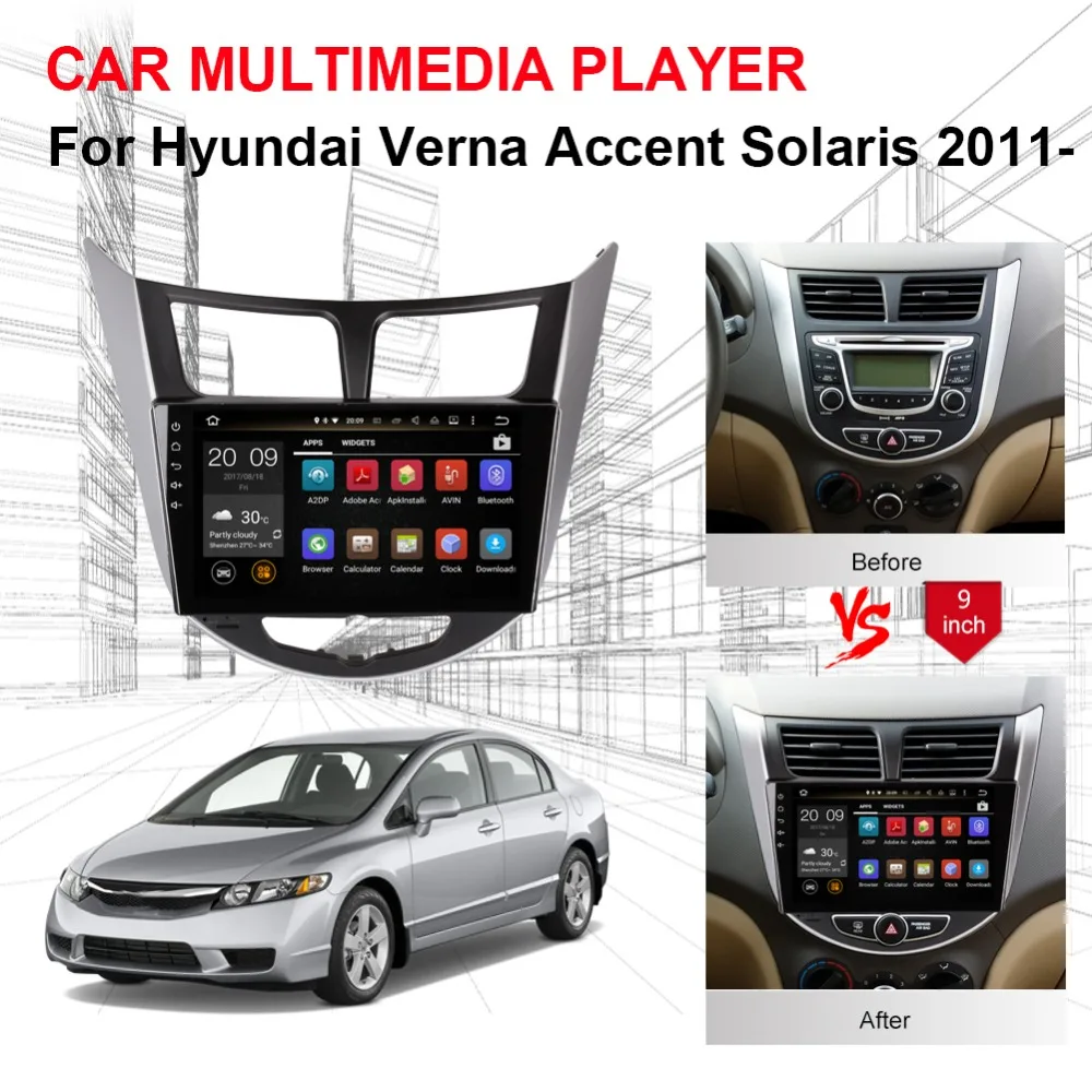 Clearance 9 Inch IPS Screen Android Octa Core 4GB RAM Car Radio Stereo For Hyundai Verna Accent Solaris 2011-2015 DVD Multimedia Player 4