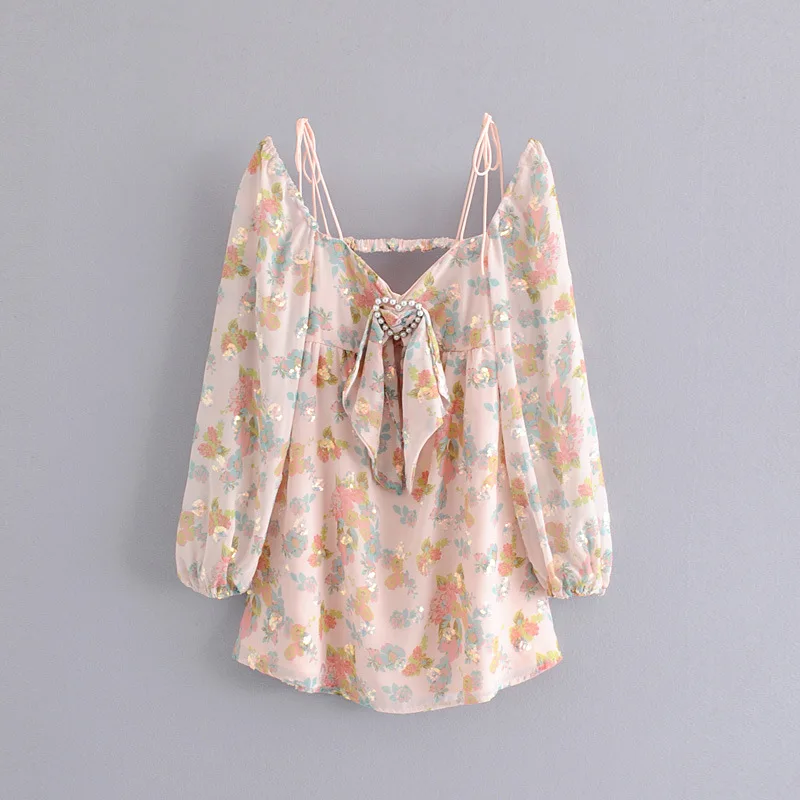 

QZ600 New Fashion Sweet Floral Print Paillettes Deco Backless Sexy Dress Spaghetti Strap Heart Ring Deco Vestido