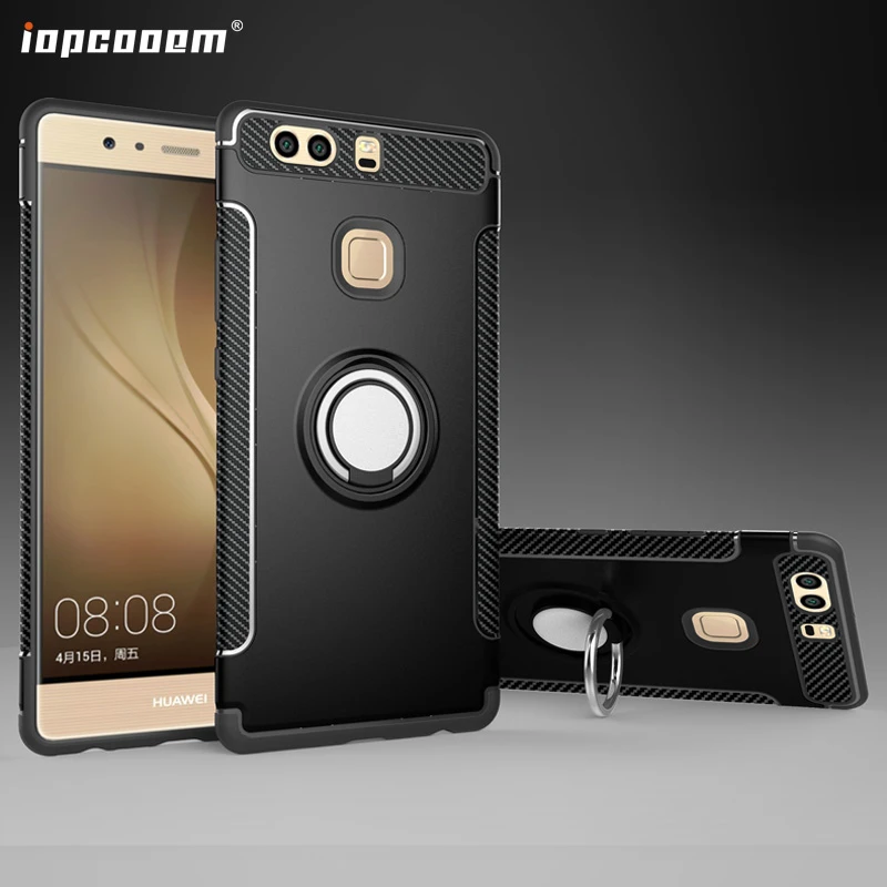 Para P9 funda de silicona híbrida resistente armadura Metal anillo soporte para Huawei P9 Plus P9 Lite a prueba de golpes funda de teléfono|Fundas ajustadas| - AliExpress