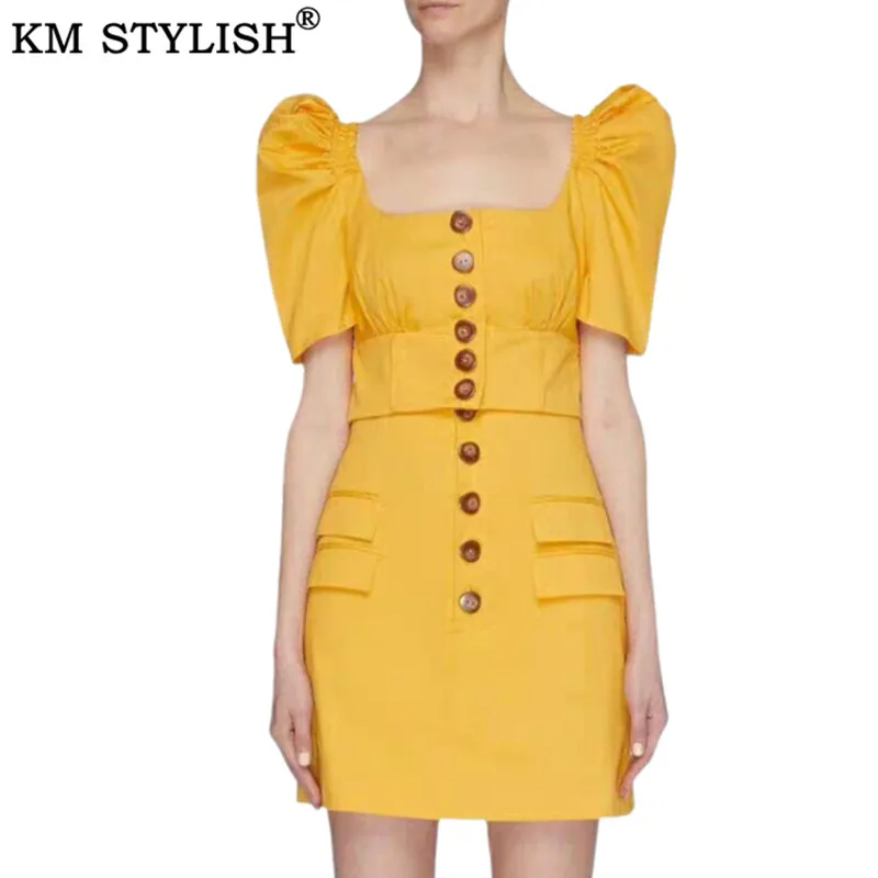 

2019 Summer New Yellow Women's Sets Square Collar Puff Sleeve Single-breasted Short Top + Waist Hip Hip Skirt