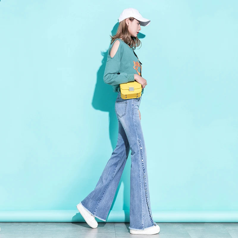 Bell Bottom Jeans Women High Waist Denim Wide Leg Jeans Frayed Edge Fashion Streetwear High Street Palazzo Flare Jeans Trousers