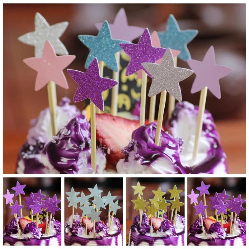 20pcs/lot Multicolor Glitter Star Cupcake Topper Baker Dessert Party Birthday Paper Cake Bamboo Sign Wedding Party Supplies 8Z