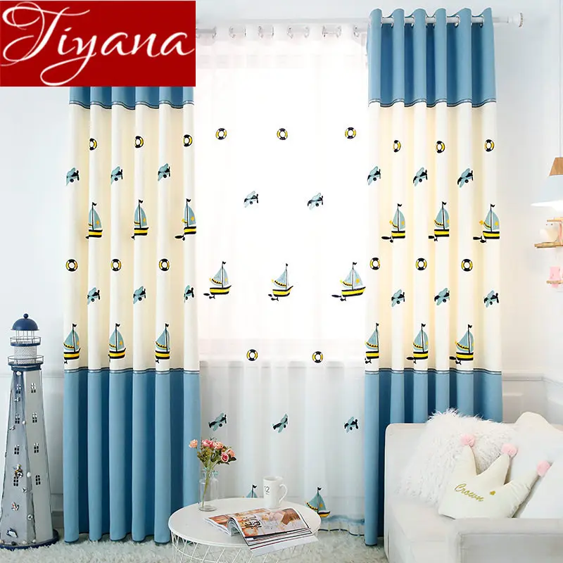 

Sailboat Curtain for Boys Kids Room Cartoon Blackout Window Bedroom Blue Stitching Drapes Fabrics Treatment X515#30