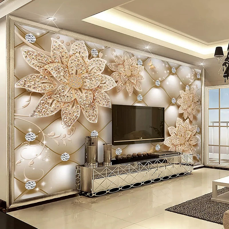 写真の壁紙ヨーロッパスタイル3dダイヤモンド花の宝石壁画リビングルームのテレビソファ背景の壁の紙壁3dフレスコ画 壁紙 Aliexpress