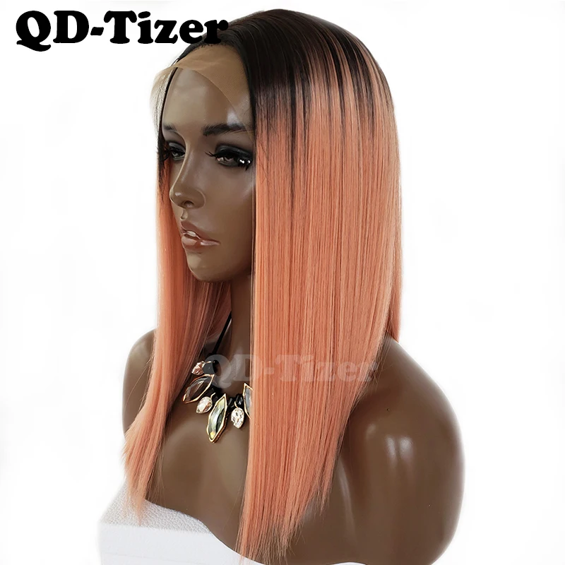 QD Tizer розовый короткий прямой синтетический парик фронта шнурка Короткие Lob