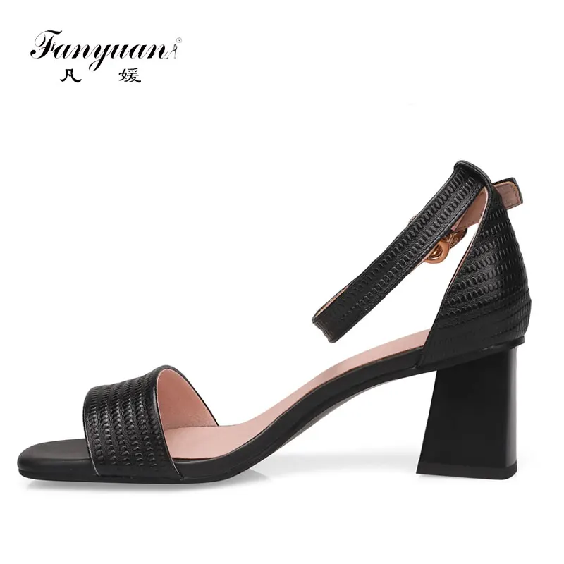 

Fanyuan Fashion Genuine Leather Ankle-Wrap Sandals Summer Cover Heel Buckle Strap Shoes Concise Peep Toe high Heels Women Shoes