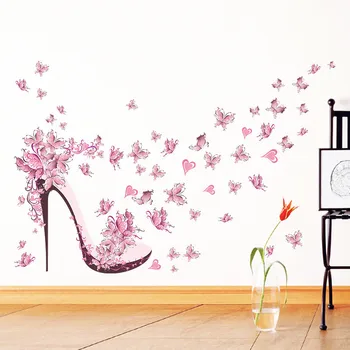 

Fashion High Heel Shoes Flying Butterflies Heart Flower Wall Sticker PVC Decals Home Decor Girl's Room Decor Poster