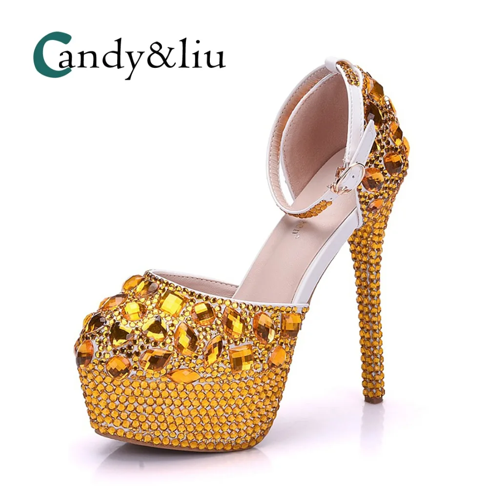 

Party Pumps 14 cm sandal Gold crystal Rinestone round head waterproof table sandal stage annual auto show shoe wedding