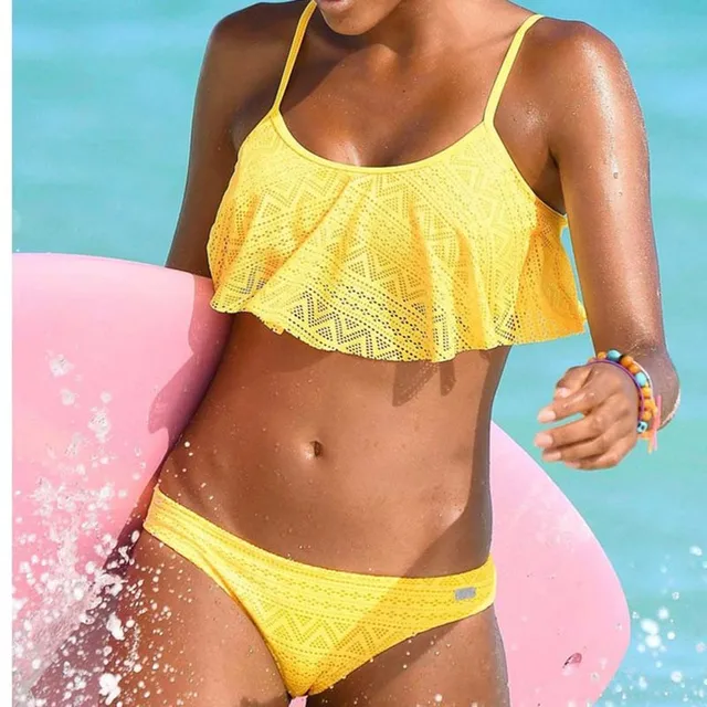 US $8.57 Yellow Mesh Ruffle Women Swimwear Push Up Swimsuit 2019 Sexy Beach Bikini Plus Size Bathing Suit Vi