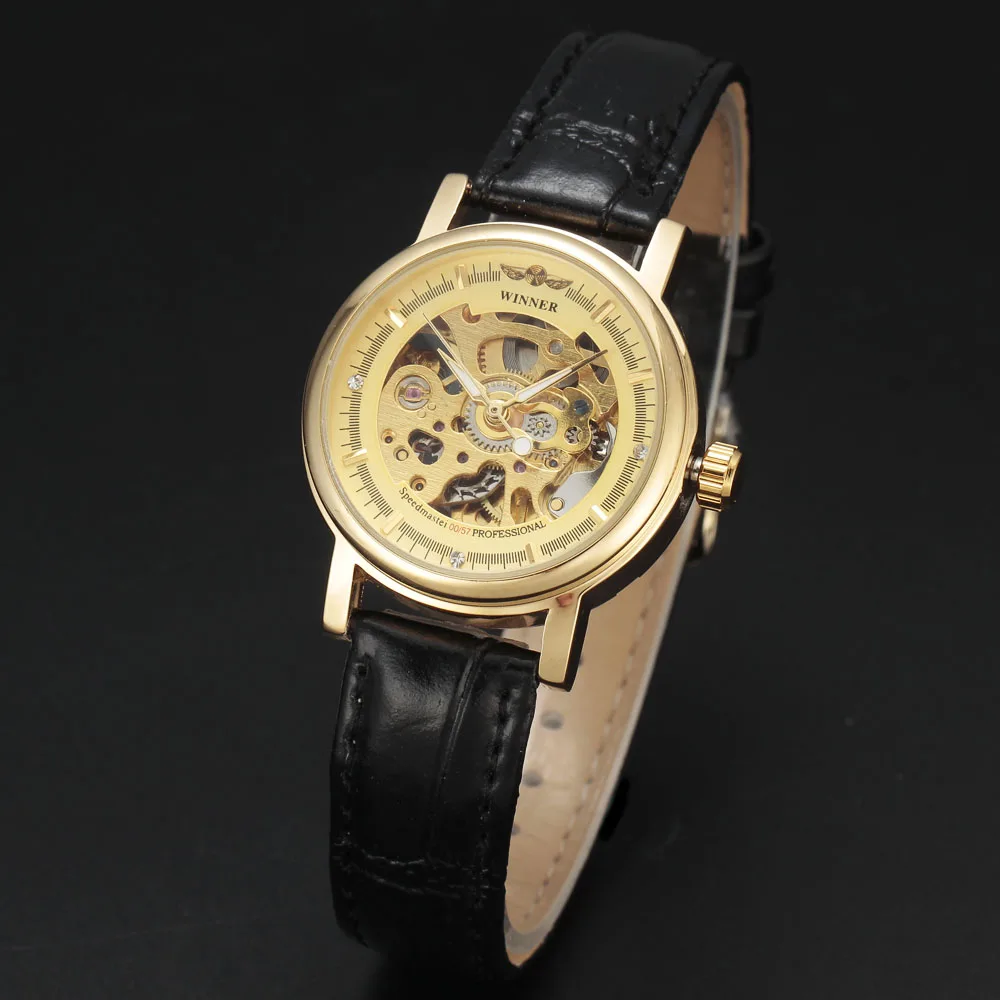 Бренд WINNER, женские модные механические часы, золотой чехол, скелет, автоматический циферблат, кожаный ремешок, наручные часы, классические женские подарочные часы