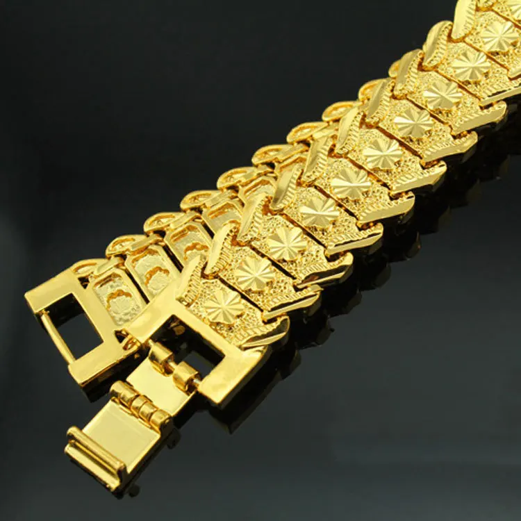 

17mm Width 20.5cm Length GP Yellow Gold color Filled Chunky Bracelet & bangles for Men Flower Jewelry LS440