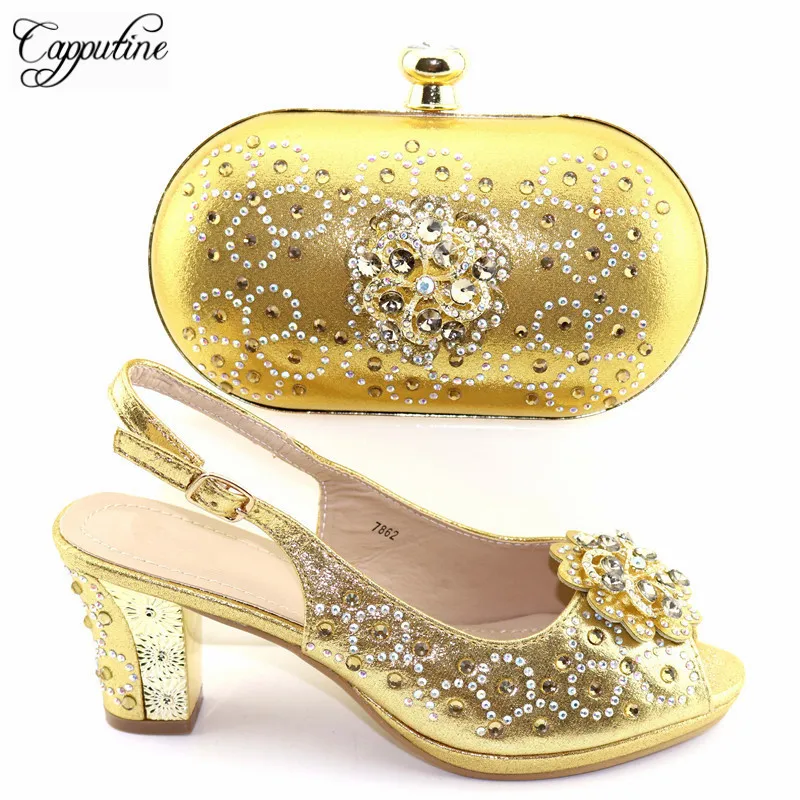 Capputine Африканский Стиль со стразами женская обувь и сумочка в комплекте; Летняя обувь на высоком каблуке и Комплект с сумочкой в тон для вечеринки Размер 37–43