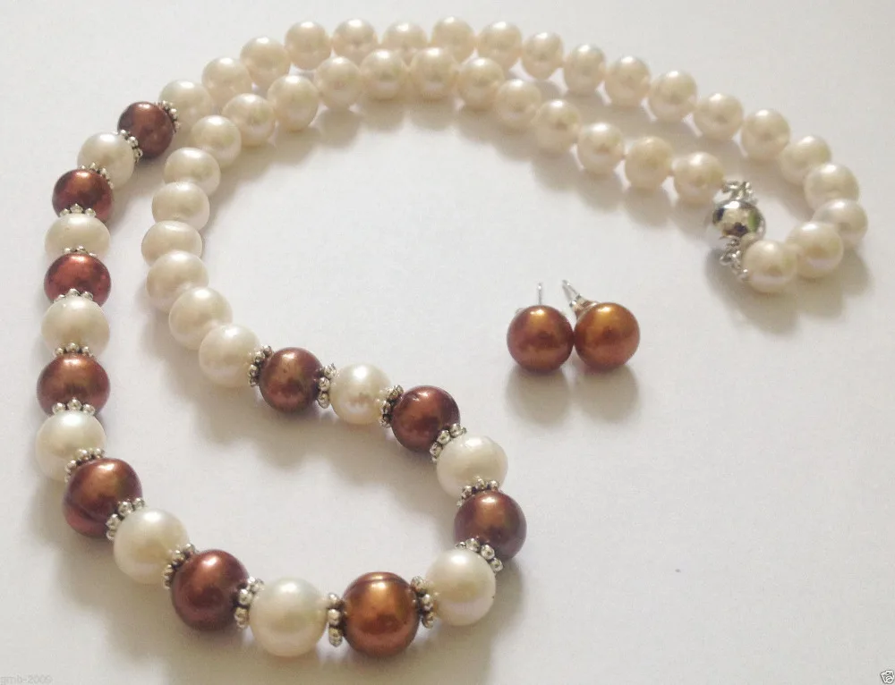

Free shipping .410 Genuine 8-9MM White Brown Akoya Cultured Pearl Necklace Earring A Set
