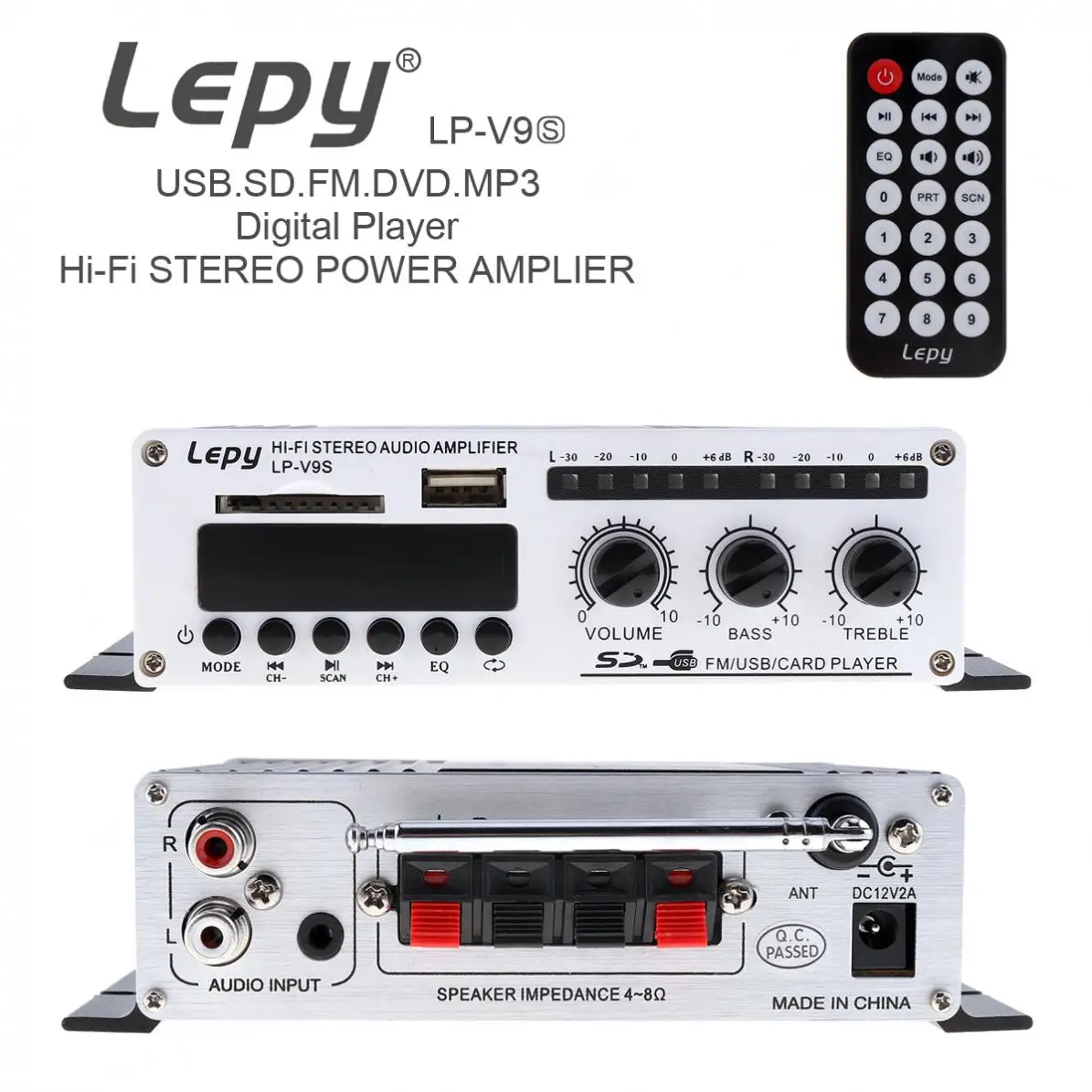 

V9S 2CH 20W x 2 Bluetooth HI-FI Digital Audio Player Car Amplifier FM Radio Stereo Player Support SD / USB / MP3 / DVD Input