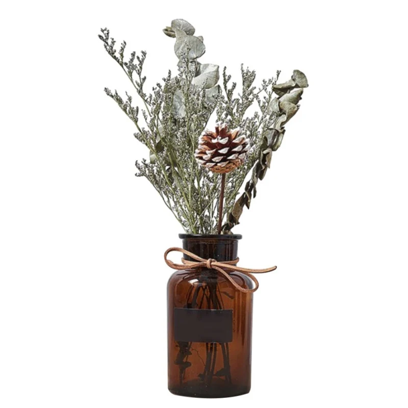 Home Decor Photography Prop Real Dry Flower Bouquet And Brown Bottle Set Room - Color: as picture